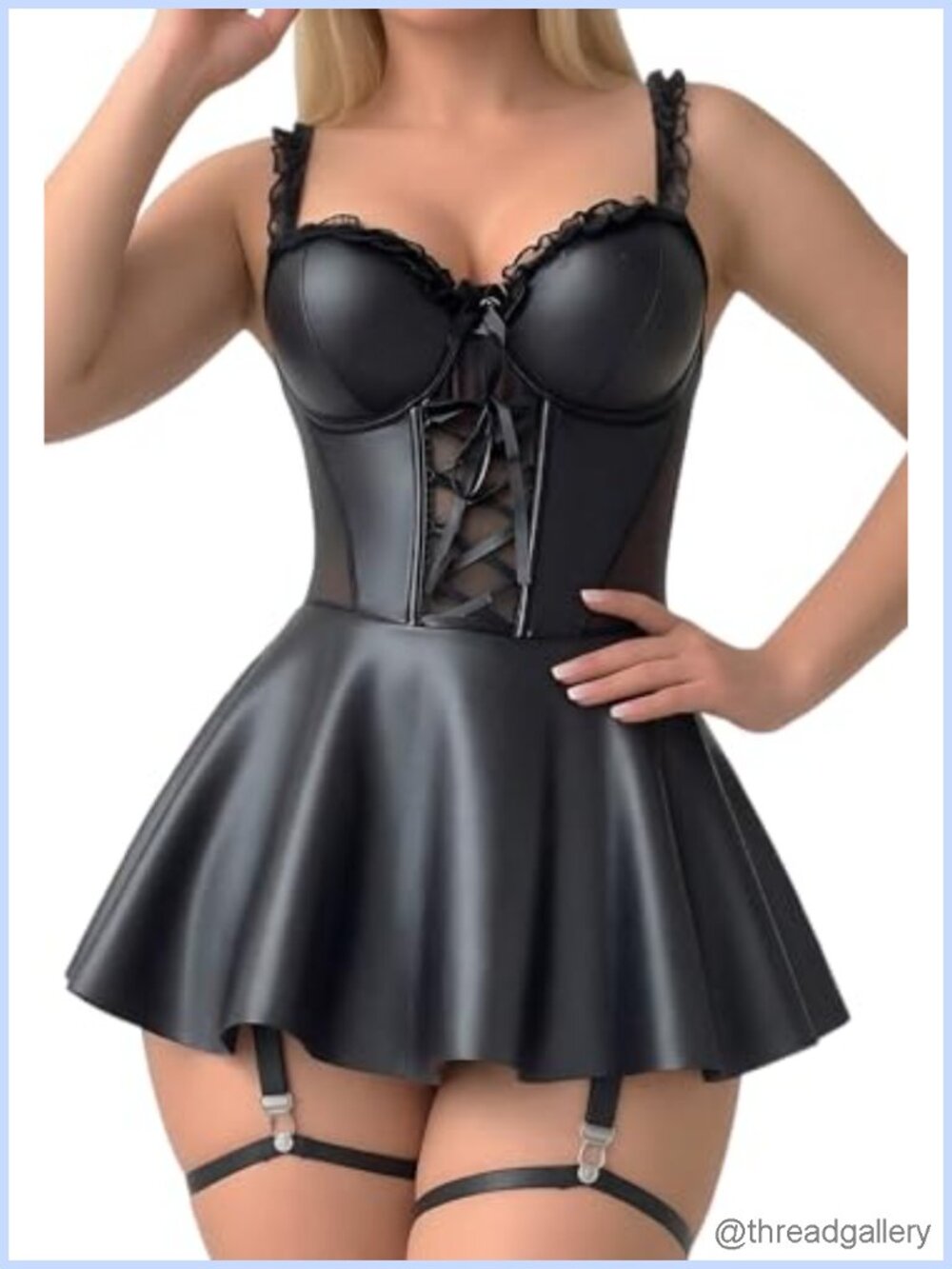 PU Leather Sleeveless Mini Dress V Neck Lace Up Babydoll Lingerie Set